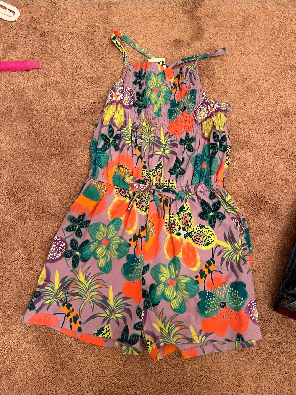 Tea Collection Purple Floral Tropical Girls Romper with Bright Accents